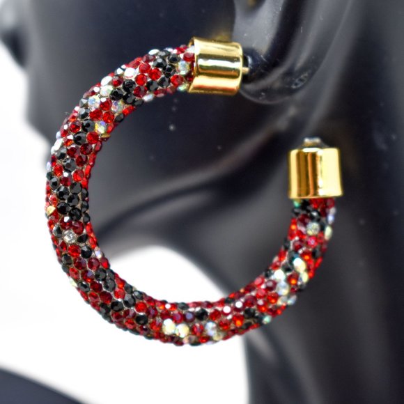 1.75" Black/Red/AB Pave Wrap Rhinestone Hoops (B) - Picture 7 of 12
